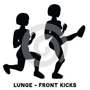 Lunges. Front kicks. Sport exersice. Silhouettes of woman doing exercise. Workout, training