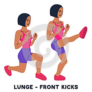 Lunges. Front kicks. Sport exersice. Silhouettes of woman doing exercise. Workout, training photo