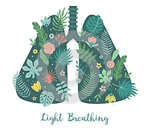 Lungs care. Light breathing concept. Cartoon body respiratory organ with green plant leaves and flowers. Healthy