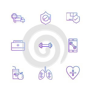 lungs , food , sheild , truck , fitness , protect , heart , fruits , medical , eps icons set vector