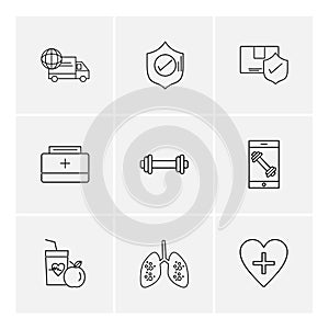 lungs , food , sheild , truck , fitness , protect , heart , fruits , medical , eps icons set vector