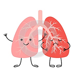 Lungs happy healthy and sad diseased sick characters. Respiratory system. Patient with pneumonia, asthma, lung cancer