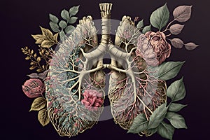 Lungs made from flowers and leaves on a clean background.Illustration, Generative AI