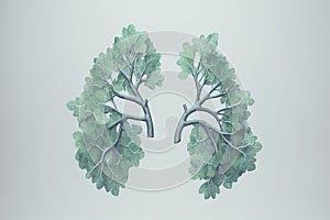 Lungs made from leaves on a clean background. Creative concept. Illustration, Generative AI