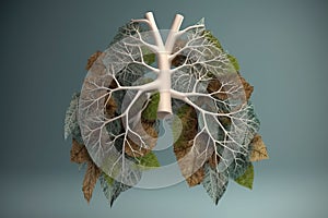 Lungs made from leaves on a clean background. Creative concept. Illustration, Generative AI