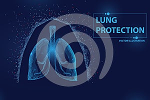Lungs with shield. Concept of protection lugs and healthy human. low poly , wireframe  ,dots and triangle style , isolate on dark