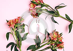 Lungs symbol with blossom flowers on pink background. Health of respiratory system