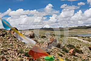 Lungta and Holy Kailas view from Manasarovar lake Tibet