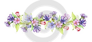 Lungwort herb watercolor border illustration. Medical wild plant with blue flowers on the stem hand drawn decore image. Blooming l