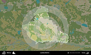 Luniniec District highlighted, Belarus. Topographic Humanitarian