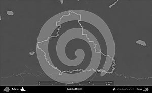 Luniniec District outlined, Belarus. Grayscale
