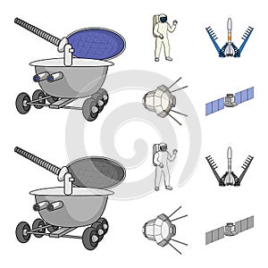 Lunokhod, space suit, rocket launch, artificial Earth satellite. Space technology set collection icons in cartoon