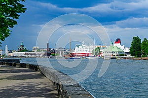 Luoto island, the promenade, ferry boats, in Helsinki