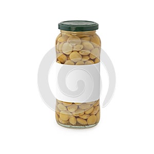 Lupini  beans glass with blank label on white background