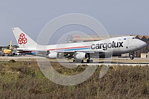 Luqa, Malta 24 June 2015: Cargo plane 747 landing.