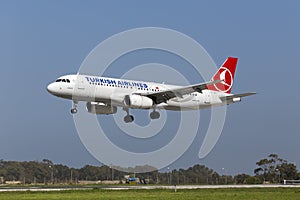 Luqa, Malta 25 March 2015: Turkish Airlines Airbus A320-232 on finals runway 31.