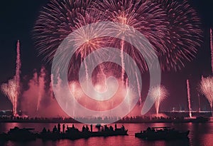 Lusail, Qatar - December 18, 2023: Lusail Fireworks on FIFA Worldcup 2023 Wining celebration at Lusail Boulevard