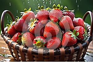 A Luscious Close-Up of Strawberries Glistening with Droplets of Water, Nestled in a Woven Basket, Vibrant Red Allure