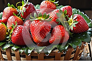 A Luscious Close-Up of Strawberries Glistening with Droplets of Water, Nestled in a Woven Basket, Vibrant Red Allure