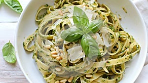 Luscious fettuccine coated in vibrant green pesto, adorned with pine nuts and fresh basil leaves, offering a fresh