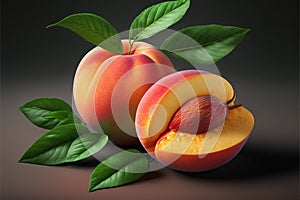 Luscious fresh ripened peaches with leaves photo