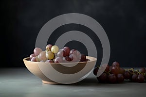 Luscious Grapes in an Empty Bowl on a Large Tabletop. Generative AI