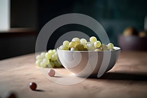 Luscious Grapes in an Empty Bowl on a Large Tabletop. Generative AI