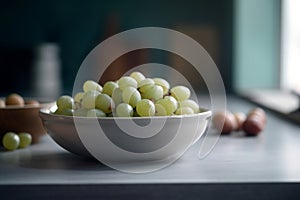 Luscious Grapes in an Empty Bowl on a Large Tabletop. Generative AI
