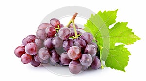 Luscious Red Grapes: A Vibrant Bunch with Verdant Leaves on a Serene White Background