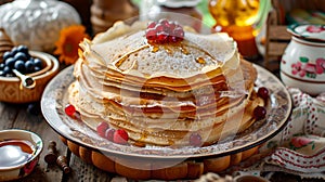 Luscious stack of fresh pancakes topped with berries, perfect for breakfast. homestyle cooking, food photography. rustic photo