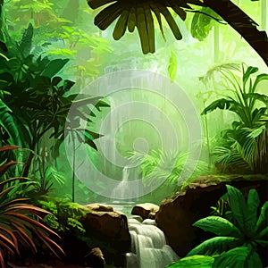 Lush Amazonian jungle with waterfalls and a raging river. Fantasy forest