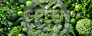 Lush arrangement of green vegetables and herbs creatively spelling GREEN, highlighting fresh produce, healthy eating, and