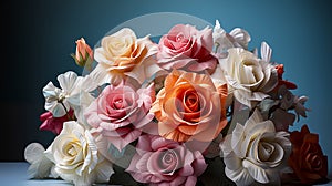 Lush Assortment Of Roses In Orange, Pink, And Cream Hues Surrounded By White Flowers