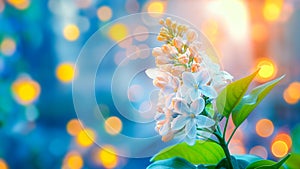 Lush blossoming white lilac branch on blurred evening cityscape blue background