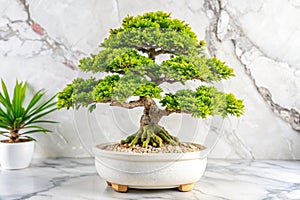 Lush bonsai tree in white pot, marble countertop, plants