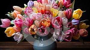 A lush bouquet of multicolored tulips, including shades of red, yellow, pink, and purple