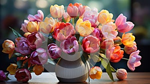 A lush bouquet of multicolored tulips, including shades of red, yellow, pink, and purple