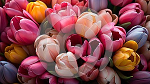 A lush bouquet of multicolored tulips, including shades of red, yellow, pink, and purple