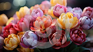 A lush bouquet of multicolored tulips, including shades of red, yellow, pink, and purple