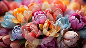 A lush bouquet of multicolored tulips, including shades of red, yellow, pink, and purple