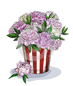 Lush bouquet of peonies in striped pop corn basket