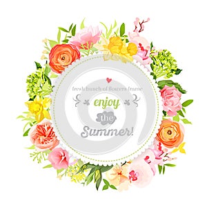 Lush bright summer flowers vector design frame. Colorful floral objects