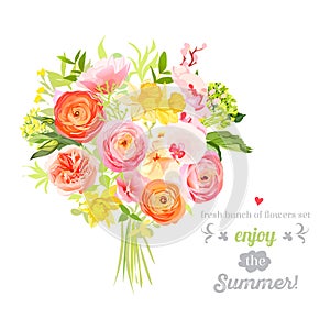 Lush bright summer flowers vector design set. Colorful floral objects