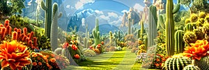 Lush Cactus Valley Panorama. Landscape with a variety of cacti and flowering plants under the warm sun
