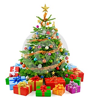Lush Christmas tree with colorful gift boxes