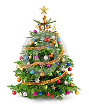 Lush christmas tree with colorful ornaments