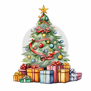 lush christmas tree with gold star, red ribbon, and a variety of gift boxes