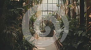 Lush Conservatory Pathway, Sunlight, Plants, Bridge, Tranquility