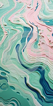 Lush And Detailed Topographic Photography Of Rippled Paint On Green And Blue Background