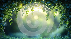 Lush foliage frame, sunlight, forest background, nature scene